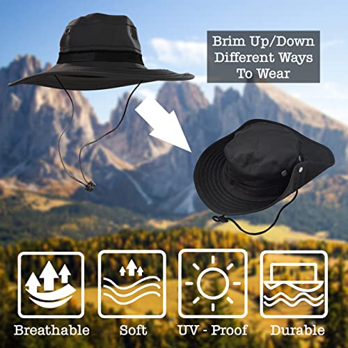 BaHoki Essentials Military Style Bucket Hat - Camo Outdoor Hat with Adjustable Strap - Wide Brim Safari Hat - style: Black