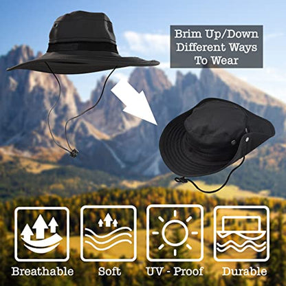 BaHoki Essentials Military Style Bucket Hat - Camo Outdoor Hat with Adjustable Strap - Wide Brim Safari Hat - style: Black