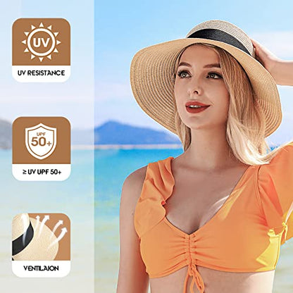 Beach Sun Straw Hats for Women, UPF 50+ UV Sun Protection Summer Straw Hat - color: A-beige