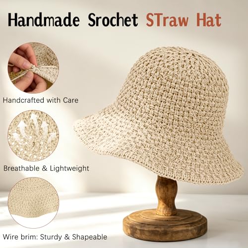 Sun Hat for Women Summer Straw Beach Hats Bucket Hat Floppy Crochet Hat - color: Beige