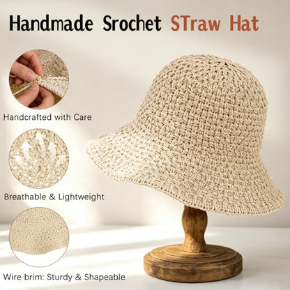 Sun Hat for Women Summer Straw Beach Hats Bucket Hat Floppy Crochet Hat - color: Beige
