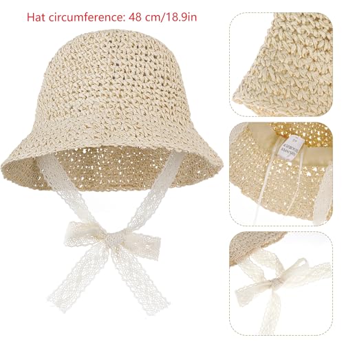 Baby Girl Straw Sun Hat, Toddler Summer Beach Hat, Soft Foldable Infant Sun Hat with Lace Bowknot, Outdoor UV Protection Cap - color: Beige