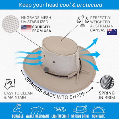 1048 Canvas Cooler - Australian Drover Sun Hat - Durable Canvas, Airflow Mesh, Lightweight, Wide Brim - color: Beige, size: X-Large
