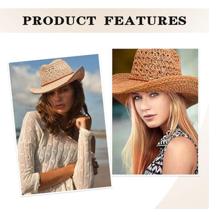Women/Men Straw Cowboy Hat Wide Brim Sun Beach Cowgirl Hat Summer Western Cowboy for Travel Outdoor Family - color: Khaki