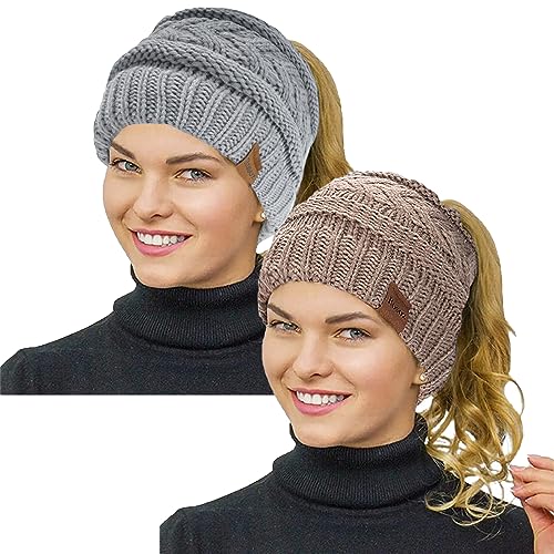 Rosoz 2 Pack Ponytail Beanie for Women,Winter Warm Beanie Tail Soft Stretch Cable Knit Messy High Bun Hat - color: 2pack-khaki/Light Grey