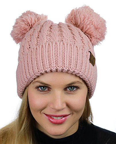 C.C 2 Ear Pom Pom Cable Knit Soft Stretch Cuff Skully Beanie Hat - color: Indi Pink