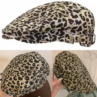 Retro Leopard Beret Cap 20s-Gatsby Fashion Cows Newsboy Caps Cotton Blend Ivy Flat Cabbie Hat Medium - color: Khaki-leopard-nb