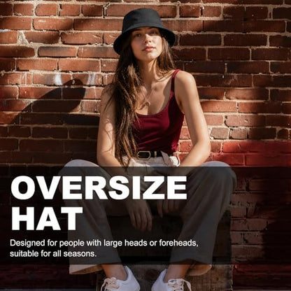 Oversize XXL Bucket Hat, Reversible Cotton Fisherman Hats, Unisex Double Side Wear Bucket Sun Hats with Chin Strap - color: Black-black, size: XX-Large