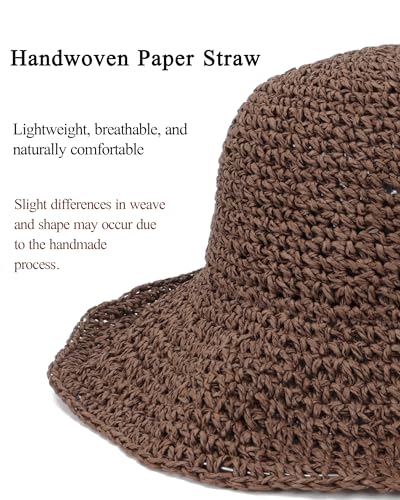 Womens Crochet Straw Sun Hat Foldable Floppy Wide Brim Beach Hat for Summer - color: Coffee