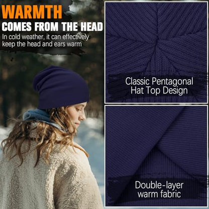YANIKY Slouchy Beanie for Women, Mens Soft Cotton Beanie Hat, Double Layer Windproof Skull Cap for All Seasons - color: Navy Blue