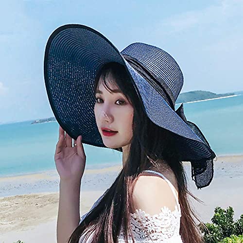 FSIGOM Women's Folable Floppy Hat,Wide Brim Sun Protection Straw Hat, Summer UV Protection Beach Cap - color: C1-e-navy Blue, size: Large