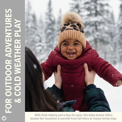 Funky Junque Baby Pom Pom Beanie – Soft Knit Infant Winter Hat for Baby Girls & Boys, Cozy Warm Newborn Beanie 0–12 Months - color: Leopard - Latte