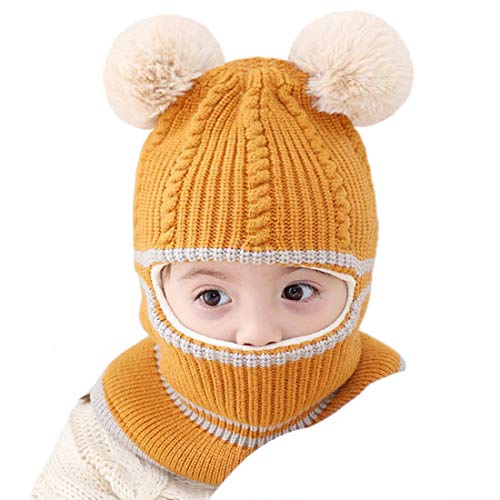 Toddler Winter Hat Baby Balaclava 2 in 1,Fleece Lined Knitted Beanie with Face Mask, Ear Flaps & Pom Pom for Boys Girls - color: Bear-yellow