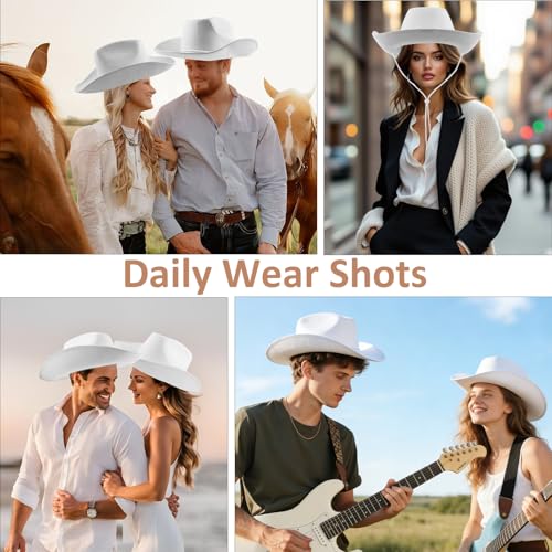 MEMOVAN Cowgirl Hat for Women Girls Western Cowboy Cowgirls Hats Felt Cowboy Hat Retro Wide Brim Western Hat - color: White-2pcs