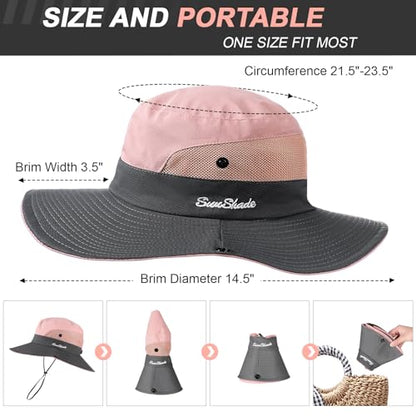 Womens Sun Hat with Ponytail Hole, UV Protection Foldable Beach Fishing Hat - color: Pink & Grey