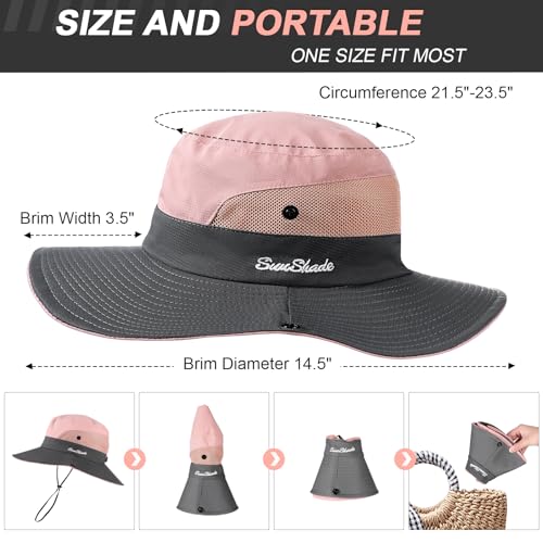 Womens Sun Hat with Ponytail Hole, UV Protection Foldable Beach Fishing Hat - color: Pink & Grey