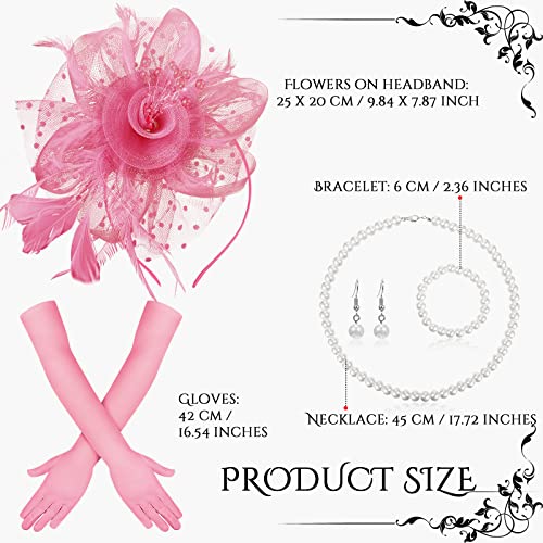 Yaomiao 5 Pcs 1920s Tea Party Accessories Fascinator Hat Gloves - color: Pink