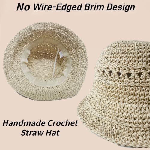 Floppy Big Beach Straw Hats for Women Foldable Summer Wide Brim Packable Sun Hat Womens Travel Straw Fedora Hat - color: Beige-7