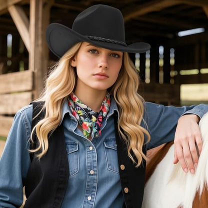 DRESHOW Western Cowboy Hat for Men Women Cowboy Cowgirl Hat Outdoor Wide Brim Retro Felt Fedora Hats Unisex Rolled up Caps - color: 1 Pack Style 8: Black