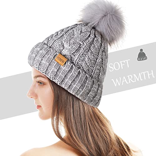 REDESS Women Winter Pompom Beanie Hat with Warm Fleece Lined Thick Slouchy Snow Knit Hat Skull Ski Cap - color: Light Gray