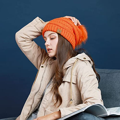 REDESS Women Winter Pom Pom Beanie Hat with Warm Fleece Lined - color: White