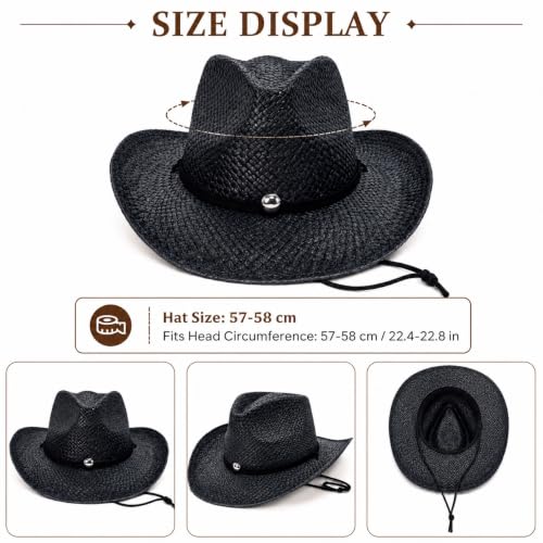 Straw Cowboy Hat for Men Women, Woven Western Summer Hat Natural - color: Black