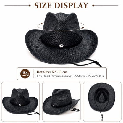 Straw Cowboy Hat for Men Women, Woven Western Summer Hat Natural - color: Black