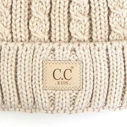 C.C Kids' Suede Patch Snuggly Soft Warm Knit Pom Cuff Beanie - color: Cable Knit Faux Fur, Beige