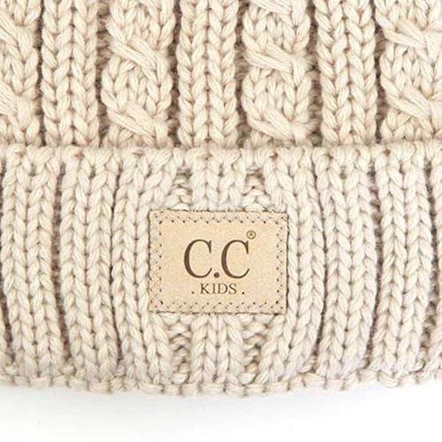 C.C Kids' Suede Patch Snuggly Soft Warm Knit Pom Cuff Beanie - color: Cable Knit Faux Fur, Beige