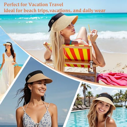 Women's Sun Visor Hats Wide Brim Straw Beach Hat Ponytail Hats for Women Foldable Floppy - color: 1pack-khaki Ribbon