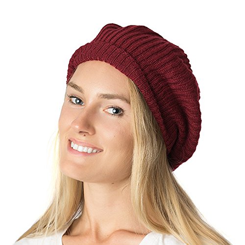 an Fall Winter Knit Beanie Beret Hat for Women Soft Knit Lining Many Styles - color: Burgundy