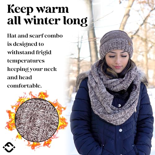 Funky Junque Slouchy Beanie & Infinity Scarf Gift Set – Matching Winter Accessories Sets for Women, Oversized Hat and Scarves - color: An Espresso Brown Tricolor Mix