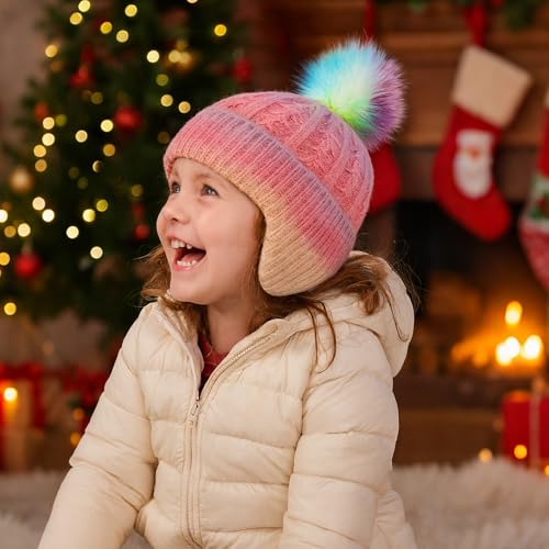 Toddler Earflap Beanie Hat with Rainbow Pom for Little Girls Knitted Beanies Kids Winter Skiing Caps Age 3-8 - color: Rainbow 02