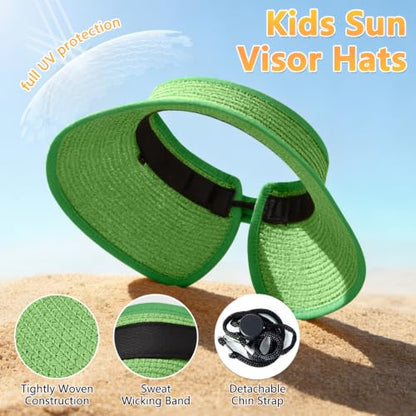 ZOORON Girls Straw Sun Visor Hat, Wide Brim Ponytail Beach Hat with Bow - color: Grass Green