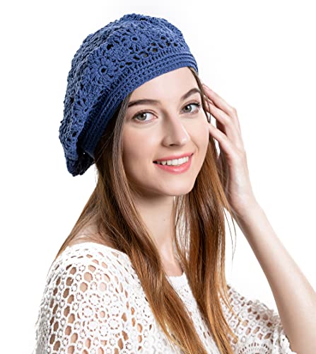 ZLYC Women Cotton Slouchy Crochet Beret Handmade Cutout Floral Beanie Hat - color: Plain Navy