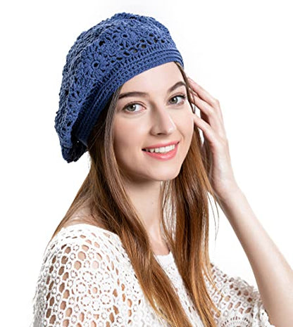 ZLYC Women Cotton Slouchy Crochet Beret Handmade Cutout Floral Beanie Hat - color: Plain Navy