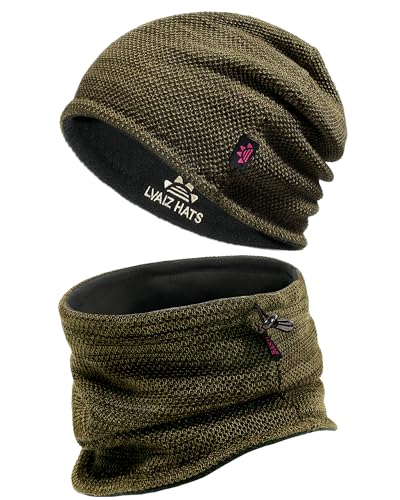 Winter Mens Beanie Hat Scarf Set Fleece Lined Windproof Ski Skull Cap Women - color: Khaki+grey