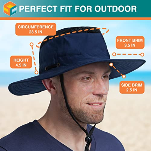 SUN CUBE Wide Brim Sun Hat for Men Women UPF 50+ UV Protection Safari Boonie Hat with Chin Strap, Pocket, Fishing Hiking Hat - color: Navy