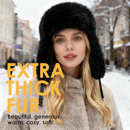 Trapper Hat with Ear Flaps - Winter Russian-Style Fur Pilot Ushanka, Windproof Skiing for Men & Women - color: Black02