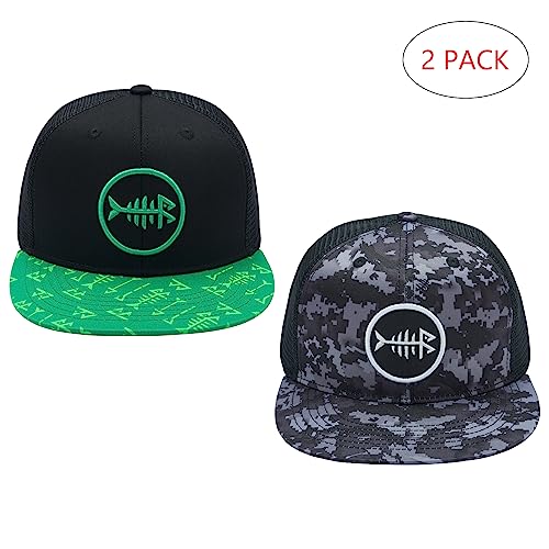 BASSDASH 2 Pack Flat Brim Trucker Cap Adjustable Snapback Hat Mesh Back for Men Women Fishing Hunting - color: Pack of 2,green and Black & Night Digital Camo