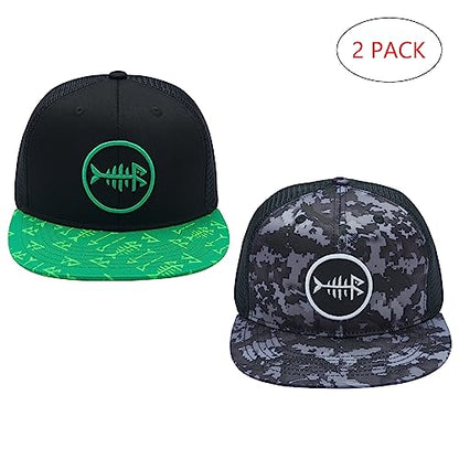 BASSDASH 2 Pack Flat Brim Trucker Cap Adjustable Snapback Hat Mesh Back for Men Women Fishing Hunting - color: Pack of 2,green and Black & Night Digital Camo