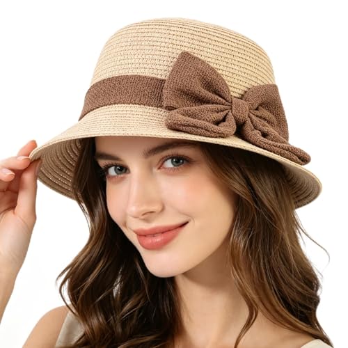 Womens Sun Straw Hat, Summer Beach Sun Hats UPF Straw Hat for Women Beige