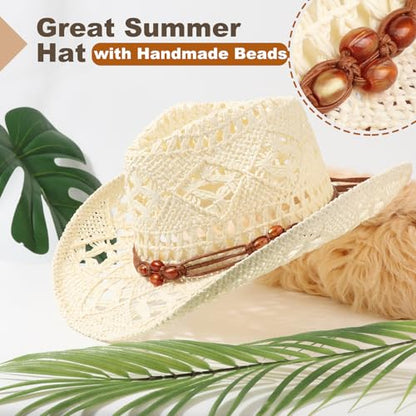 AQOKKA Straw Cowboy Hats for Women Men Western Cowgirl Hats with Shapeable Brim Woven Hollow Out Unisex Beach Roll Up Caps - color: Brown Beads Cowboy Hat : Ivory White