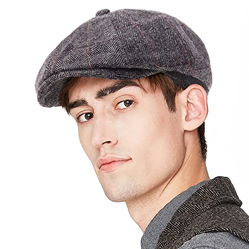 LADYBRO 8 Panel Newsboy Hats for Men Cap Irish Wool Blend Tweed, Adjustable - color: 003 Plaid Grey, size: 7 3/8-7 5/8