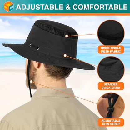 SUN CUBE Wide Brim Sun Hat for Men Women UPF 50+ UV Protection Safari Boonie Hat with Chin Strap, Pocket, Fishing Hiking Hat - color: Black
