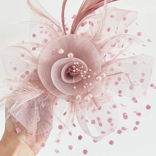 WLBON Fascinators Hat 20s 50s Headband Hair Clips Flower Mesh Veil Feather Headpiece Headwear Women Halloween Carnival Cocktail Wedding Church Cosplay Dress Up Birthday Tea Party Accessories Pink - color: Light Pink