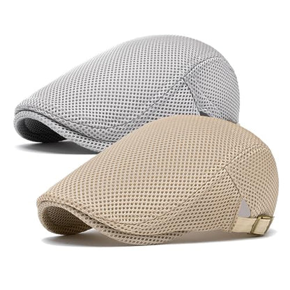meioro Mens Breathable Mesh Summer Hat Adjustable Flat Cap Newsboy Beret Ivy Cap Irish Cabbie Fishing Hats - color: Khaki+light Grey
