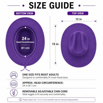 COLLECT PRESENT Plain Felt Cowboy & Cowgirl Hat for Men and Women | Western Studded Cowboy Hat in Adult Sizes - color: Purple