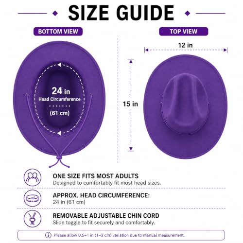 COLLECT PRESENT Plain Felt Cowboy & Cowgirl Hat for Men and Women | Western Studded Cowboy Hat in Adult Sizes - color: Purple