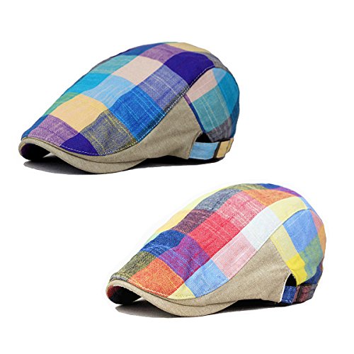 2 Pack Men's Plaid Cotton Flat Newsboy Ivy Cabbie Golf Gatsby Cap Hat - color: Red+blue